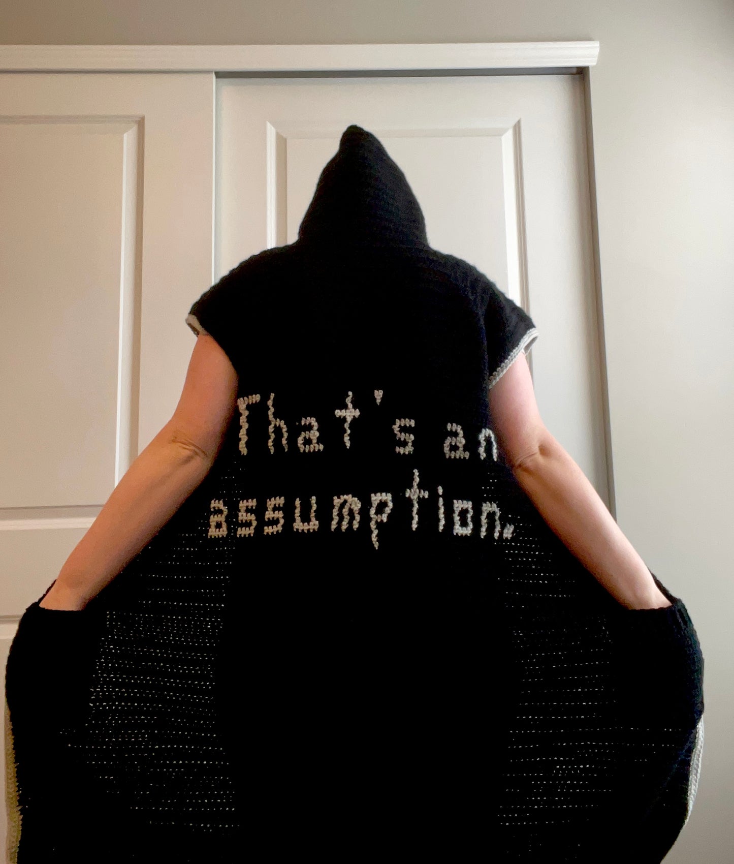 “That’s an assumption.” Long, Hooded, Sleeveless Cardigan/Vest (Black and Silver)