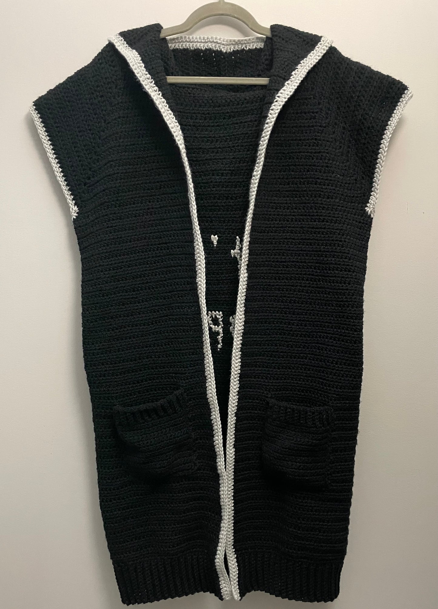 “That’s an assumption.” Long, Hooded, Sleeveless Cardigan/Vest (Black and Silver)