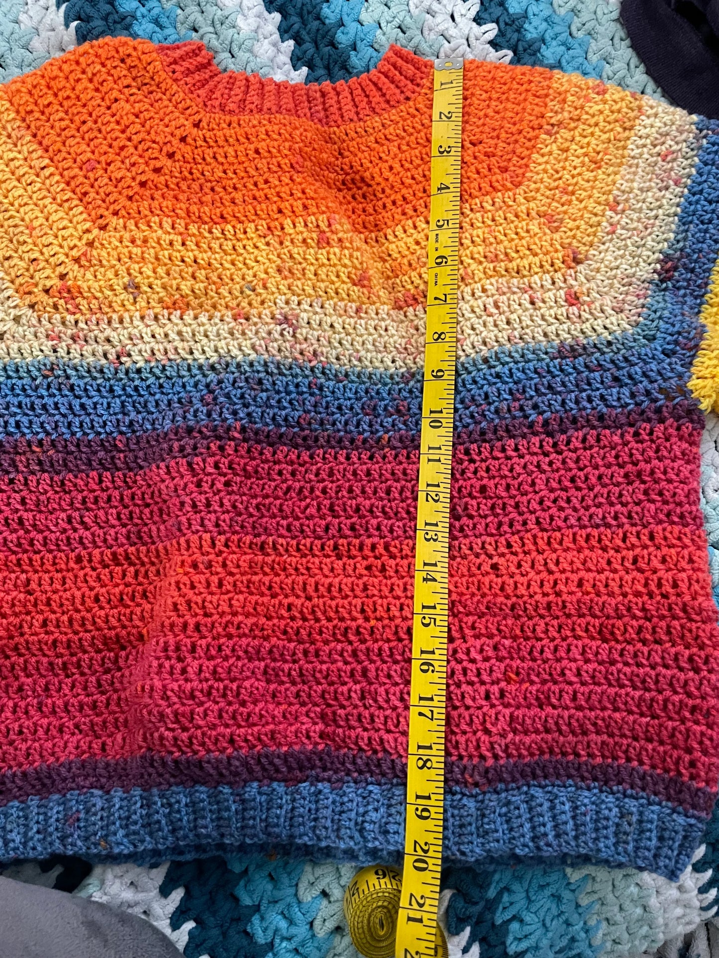Large Colorful Cropped Crocheted Sweater - Warm Colors