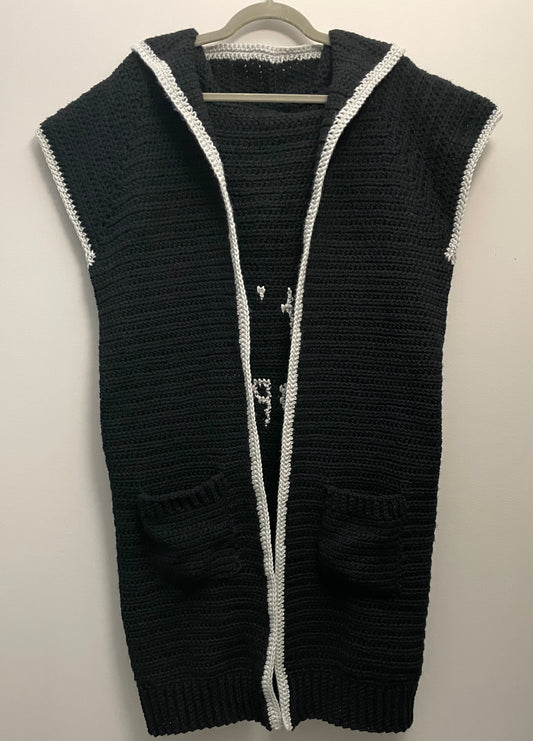 “That’s an assumption.” Long, Hooded, Sleeveless Cardigan/Vest (Black and Silver)
