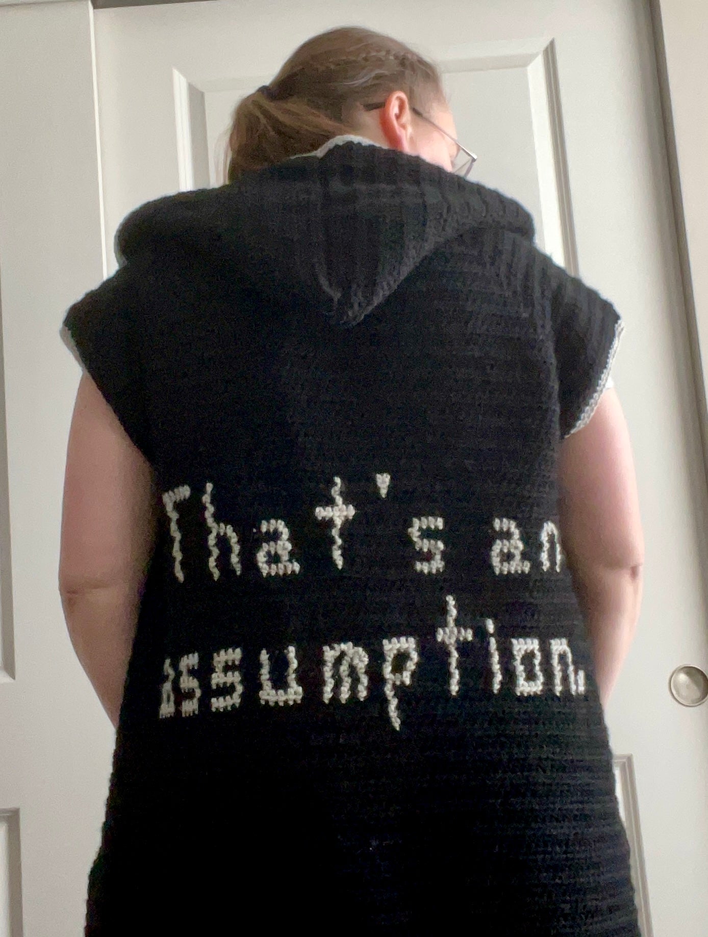 “That’s an assumption.” Long, Hooded, Sleeveless Cardigan/Vest (Black and Silver)