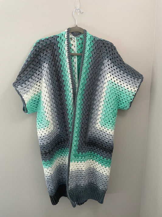 Large Greens and Greys Sleeveless Cardigan