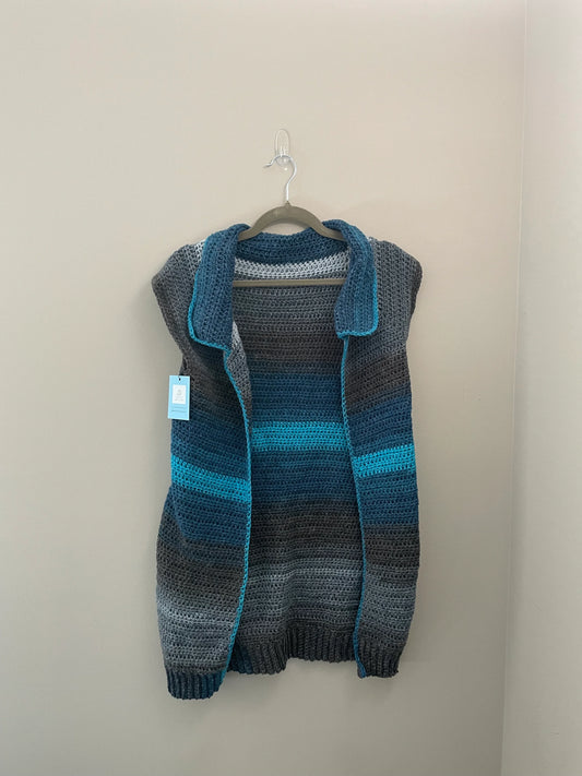Extra Small Crocheted Sleeveless Cardigan - Blues and Grays