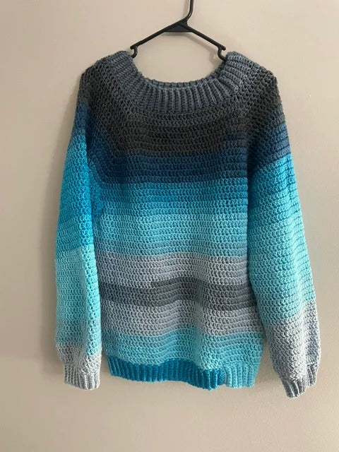 Large Lightweight Crocheted Sweater - Blues and Grays