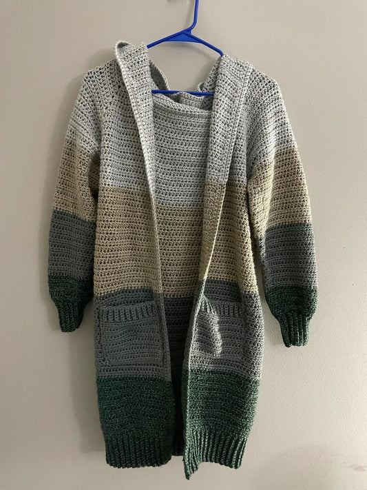 Small Crocheted Cardigan - light gray, tan, charcoal , and hunter green